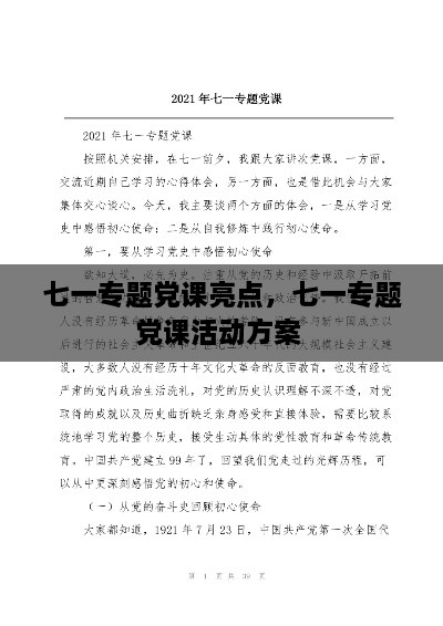 七一专题党课亮点，七一专题党课活动方案 
