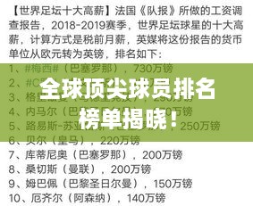 全球顶尖球员排名榜单揭晓！
